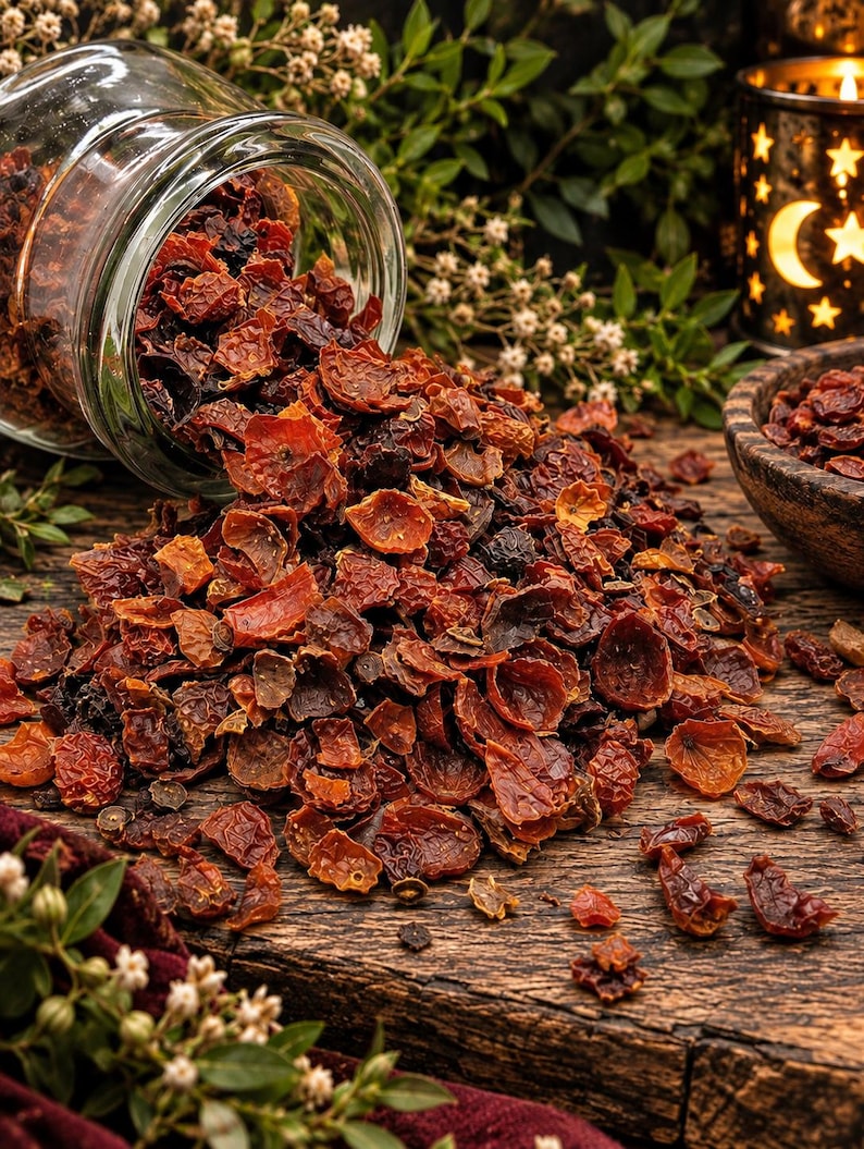 May include: A clear glass jar tipped over, spilling dried, deep red and orange rose hip pieces onto a dark wooden surface. The rose hips are textured, irregular, and fragmented, showing a mix of dark crimson and lighter burnt orange tones.