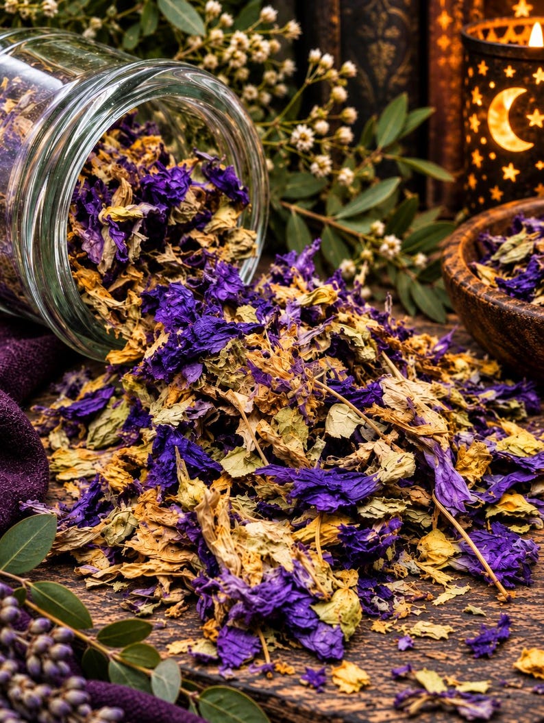 May include: A clear glass jar tipped on its side, spilling a mixture of dried purple flower petals and light tan dried leaves. The botanical blend is scattered across a dark wooden surface, with a small wooden bowl visible to the right side.