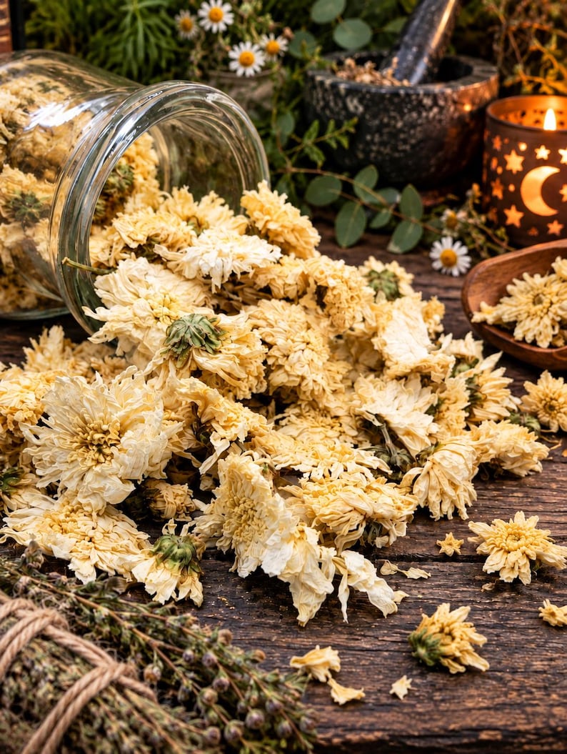Op de afbeelding: Een glazen pot die op zijn kant ligt en een grote hoeveelheid gedroogde, lichtgele chrysantenbloemen uitstrooit. De gedroogde bloesems liggen verspreid over een donker, verweerd houten oppervlak naast een bundel kruiden en een kaars.