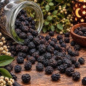 Op de afbeelding: Een omgevallen glazen pot die talloze donkere, getextureerde, bolvormige gedroogde bessen op een houten oppervlak morst. Een kleine houten kom gevuld met dezelfde donkere bessen staat in de buurt, samen met takjes met kleine witte bloemetjes.