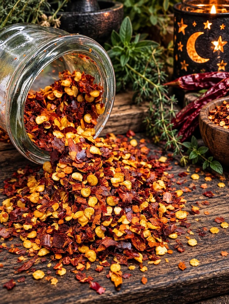 May include: A clear glass jar tipped over, spilling a large pile of dried red chili flakes and light yellow seeds onto a dark wooden surface. The mixture consists of crushed deep red pepper skins and numerous small, round, pale yellow seeds.