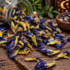 May include: A clear glass jar tipped on its side, spilling out a large pile of dried butterfly pea flowers. The flowers are a mix of deep indigo blue and pale yellow hues, scattered across a dark, weathered wooden surface with a visible grain.