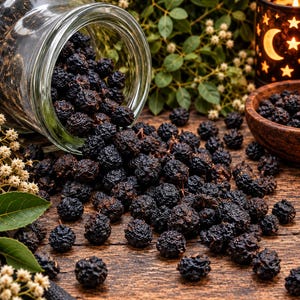 May include: A clear glass jar tipped on its side, spilling numerous dark, textured, spherical dried berries onto a wooden surface. A small wooden bowl filled with the same dark berries sits nearby, alongside sprigs of small white flowers.
