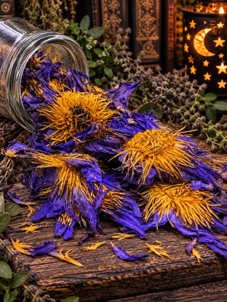 May include: A clear glass jar tipped over, spilling dried blue lotus flowers with vibrant yellow centers. The dried botanical specimens feature deep blue petals and golden stamens, scattered across a dark, textured wooden surface with herbs.