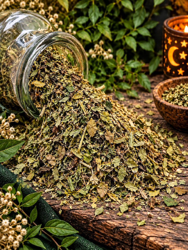 May include: A clear glass jar tipped on its side, spilling a large pile of dried green herbs and small woody stems onto a dark wooden surface. The mixture consists of various shades of green and brown dried leaves, creating a textured heap.