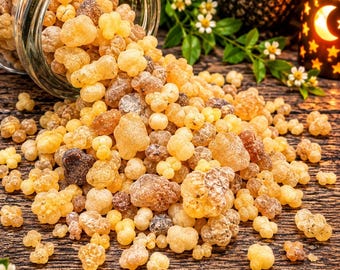 May include: A clear glass jar tipped on its side, spilling a large pile of raw frankincense resin tears. The resin pieces vary in color from pale translucent yellow to opaque amber and dark brown, featuring irregular, bumpy, and crystalline textures.