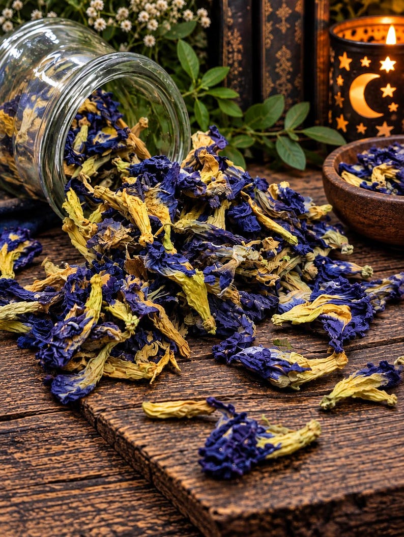 Op de afbeelding: Een glazen pot die op zijn kant ligt en een grote hoop gedroogde kittelbloemen uitstrooit. De bloemen hebben een mix van diep indigoblauwe en lichtgele tinten en liggen verspreid over een donker, verweerd houten oppervlak met zichtbare nerven.