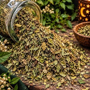 Op de afbeelding: Een glazen pot die op zijn kant ligt en een grote hoop gedroogde groene kruiden en kleine houtachtige steeltjes morst op een donkerhouten oppervlak. Het mengsel bestaat uit gedroogde bladeren in diverse tinten groen en bruin.