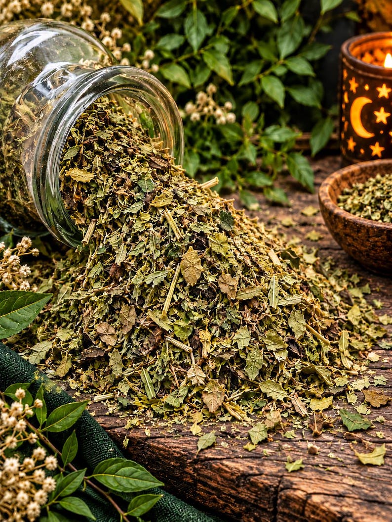 Op de afbeelding: Een glazen pot die op zijn kant ligt en een grote hoop gedroogde groene kruiden en kleine houtachtige steeltjes morst op een donkerhouten oppervlak. Het mengsel bestaat uit gedroogde bladeren in diverse tinten groen en bruin.