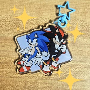 May include: A blue and black cartoon character keychain featuring Sonic the Hedgehog and Shadow the Hedgehog. The keychain is made of clear acrylic and has a blue star charm.