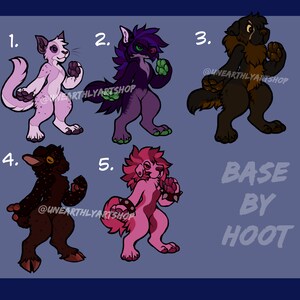 May include: Five cartoon animal character designs in various poses. The characters are a cat, wolf, dog, bird, and a lion. The characters are all in different colors and have different expressions. The text "BASE BY HOOT" is at the bottom of the image.