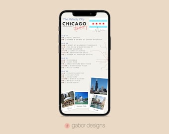 Könnte beinhalten: Ein Smartphone-Bildschirm, der eine Chicago-Reiseplanung mit einer Liste von Aktivitäten und Zeiten für jeden Tag anzeigt. Die Reiseroute beinhaltet Besuche im Shedd Aquarium, am Navy Pier und im Art Institute of Chicago. Der Bildschirm zeigt auch Fotos der Skyline der Stadt und der Cloud Gate-Skulptur.