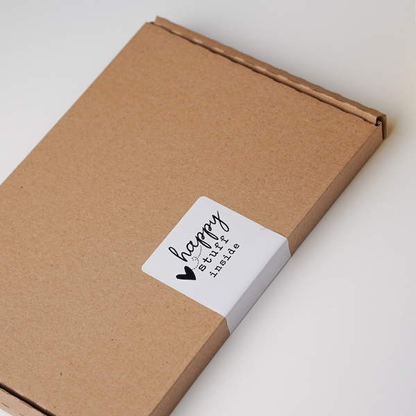 Sticker für Pakete  | happy stuff inside   | Weiß  | schwarz | Geschenkaufkleber | Etiketten | Paketklebeband | Herz