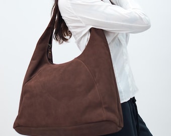 Echte braune Wildleder-Schultertasche, Mokka-Wildleder-Hobo-Geldbeutel, übergroße Leder-Laptop-Handtasche