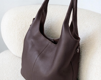 Dark Brown Leather Tote Bag: Large Hobo Shopper with Clasp & Removable Pouch