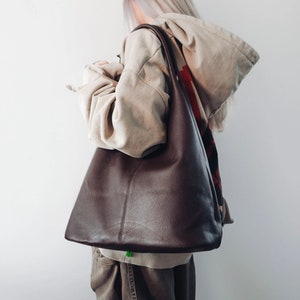 ACS Dark Brown Genuine Leather Bag, Leather Tote Bag, Brown Leather Tote Bag Large Shopper Tote Bag, Large Brown Leather Shopper