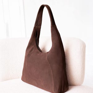 Brown Suede Shoulder Bag: Studio KHAE Cowhide Hobo Tote, 14&quot; Laptop
