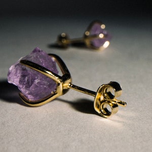 Amethyst Gemstone Stud Earrings: 14k Gold Plated 925 Silver