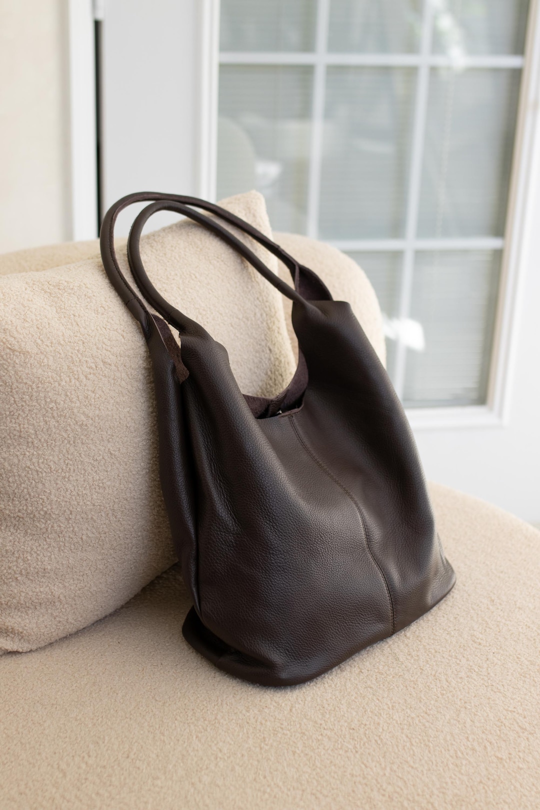 Dark Brown Leather Tote Bag: Large Hobo Shopper With Clasp