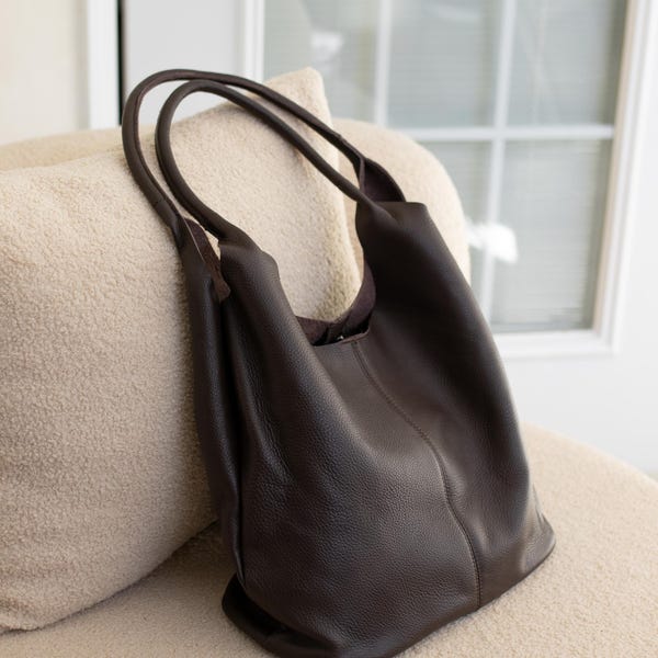 Dark Brown Leather Tote Bag: Large Hobo Shopper with Clasp & Removable Pouch