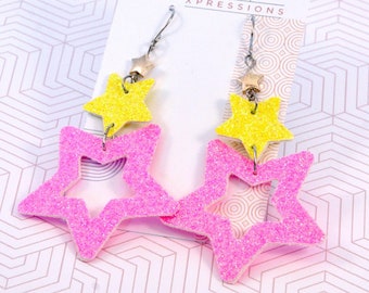 Star Earrings, Star Drop Earrings, Pink and Yellow Star Earrings, Glitter Star Earrings, Faux Leather Star Earrings,