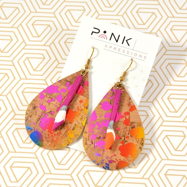 Paint Brush Earrings, Artist Earrings, Art Teacher Earrings, Handmade Earrings, Paint Splatter Earrings, Leather Earrings, Women's Earrings