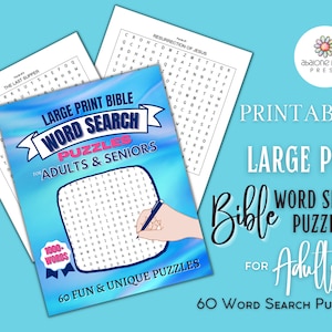 Könnte beinhalten: Ein Stapel druckbarer Bibel-Wortsuchrätsel für Erwachsene und Senioren. Das Cover zeigt den Text "Large Print Bible Word Search Puzzles for Adults & Seniors" mit einem blau-weißen Design. Enthält 60 Rätsel und über 1000 Wörter.