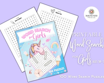 May include: Printable word search book for girls ages 10-12. The cover features a unicorn, rainbow, and ice cream cone. The book includes 100 puzzles. The background is a light purple color.