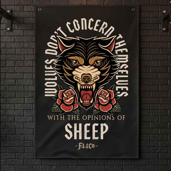 Wolves Don’t Concern Themselves Gym Flag - Wolf & Roses Tattoo Design on Black, 56" x 34.5"