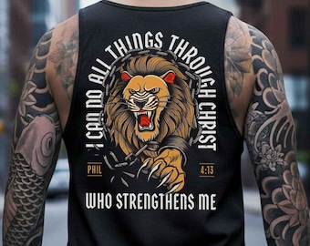 Camiseta sin mangas unisex cristiana con versículo de Filipenses 4:13 / Diseño de león
