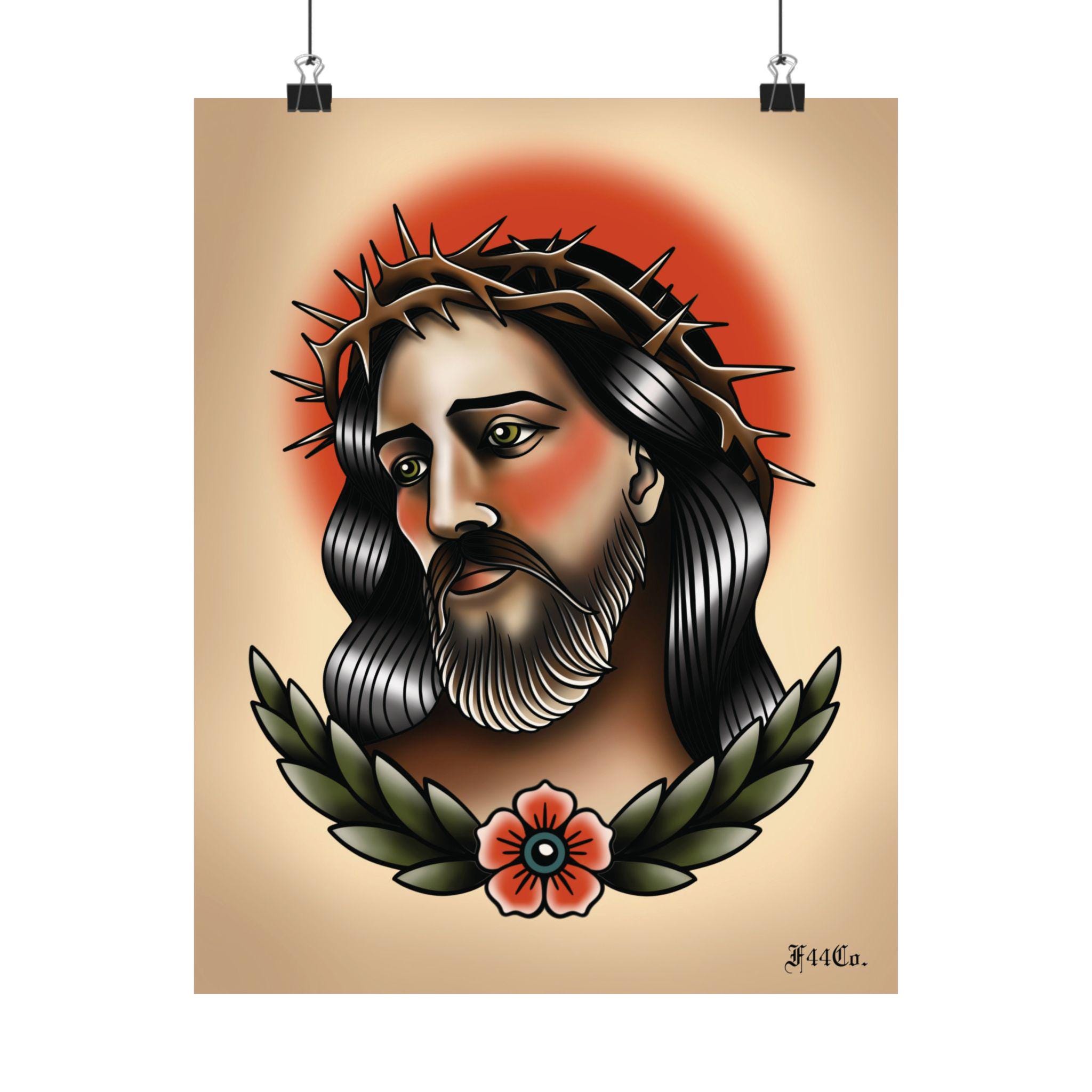 Jesus Tattoo Flash, Jesus Christ Print, Neo Traditional Tattoo Art