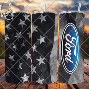 May include: Three stainless steel tumblers with a black and white American flag design. The center tumbler has the Ford logo in blue on a white oval.
