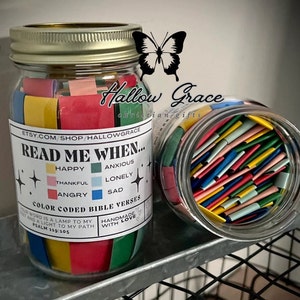 Read Me When Jar, Color-Coded Bible Verses, Scripture Jar, God's encouragement, Christian gift, mental health, anxiety, confirmation gift