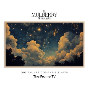 May include: A digital art print of a night sky with clouds and stars. The print is compatible with The Frame TV.