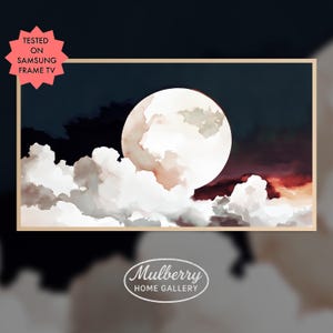 Frame TV Art Watercolour - Full Moon Samsung FrameTV | Moody Celestial Screensaver for Living Room Art Cloudy Moon Night Sky for Smart TV