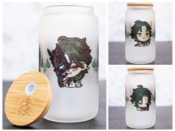 Xiao Genshin Impact Anemo Inspired Frosted Glass Tumbler | Gifts for Gamers | Gamer Cup | Bamboo Lid Tumbler