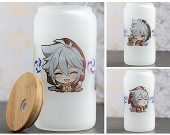 Gobelet en verre dépoli d'inspiration électro Razor Genshin | Cadeaux pour les joueurs | Coupe des joueurs | Gobelet avec couvercle en bambou | Gobelet à impact Genshin