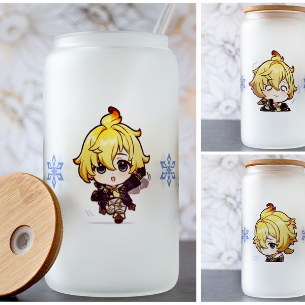 Mika Genshin Impact Cryo Inspired Frosted Glass Tumbler | Gifts for Gamers | Gamer Cup | Bamboo Lid Tumbler