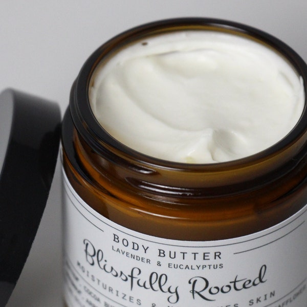 Organic Body Butter, Vanilla + Peppermint, Lavender + Eucalyptus, Rose + Patchouli, Raw Shea Butter, Cocoa Butter, Natural Skincare, 4oz