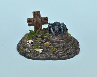 Blue tarantula spider on cemetery. Creepy graveyard figurine. Polymer clay & resin home decoration.