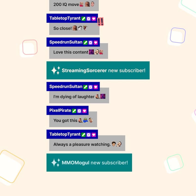 May include: A screenshot of a chat window with comments from various users. The comments include emojis, text, and user names. The text includes "200 IQ move", "So close!", "Love this content", "I'm dying of laughter", "You got this", "Always a pleasure watching."