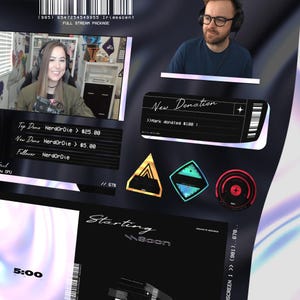 May include: A digital graphic with a holographic background. The image includes a live stream overlay with the text "FULL STREAM PACKAGE" and "New Donation." It also features a countdown timer and various geometric shapes.