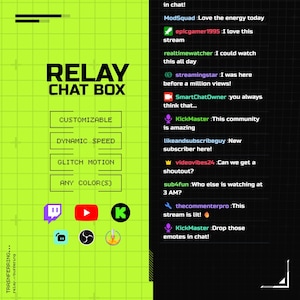 Op de afbeelding: Digitale afbeelding voor een "Relay Chat Box" met een limoengroene achtergrond en zwarte tekst. Kenmerken zijn aanpasbare opties, dynamische snelheid, glitch-beweging en elke kleur. Social media-iconen staan onderaan.