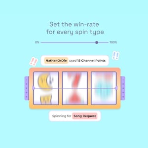 May include: A digital slot machine with three spinning reels. The reels are blurred and show a yellow emoji, a red and white striped pattern, and a blue and white striped pattern. The text "NathanOrDie used 15 Channel Points" is displayed above the slot machine. The text "Spinning for Song Request" is displayed below the slot machine.