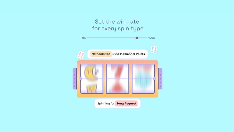 May include: A digital slot machine with three spinning reels. The reels are blurred and show a yellow emoji, a red and white striped pattern, and a blue and white striped pattern. The text "NathanOrDie used 15 Channel Points" is displayed above the slot machine. The text "Spinning for Song Request" is displayed below the slot machine.