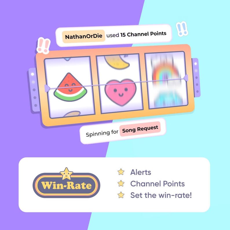 May include: A colorful slot machine with three windows showing a watermelon, a heart, and a rainbow. The text "NathanOrDie used 15 Channel Points" is above the slot machine. The text "Spinning for Song Request" is below the slot machine. A yellow star with the text "Win-Rate" is in the lower left corner. A list of options is in the lower right corner: "Alerts", "Channel Points", and "Set the win-rate!"