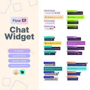 May include: A colourful illustration of a chat widget with the text "Flow Chat Widget" and features such as 6 themes, customisation, dynamic speed, and smooth animation. The image also shows various chat messages with different game names and user names.