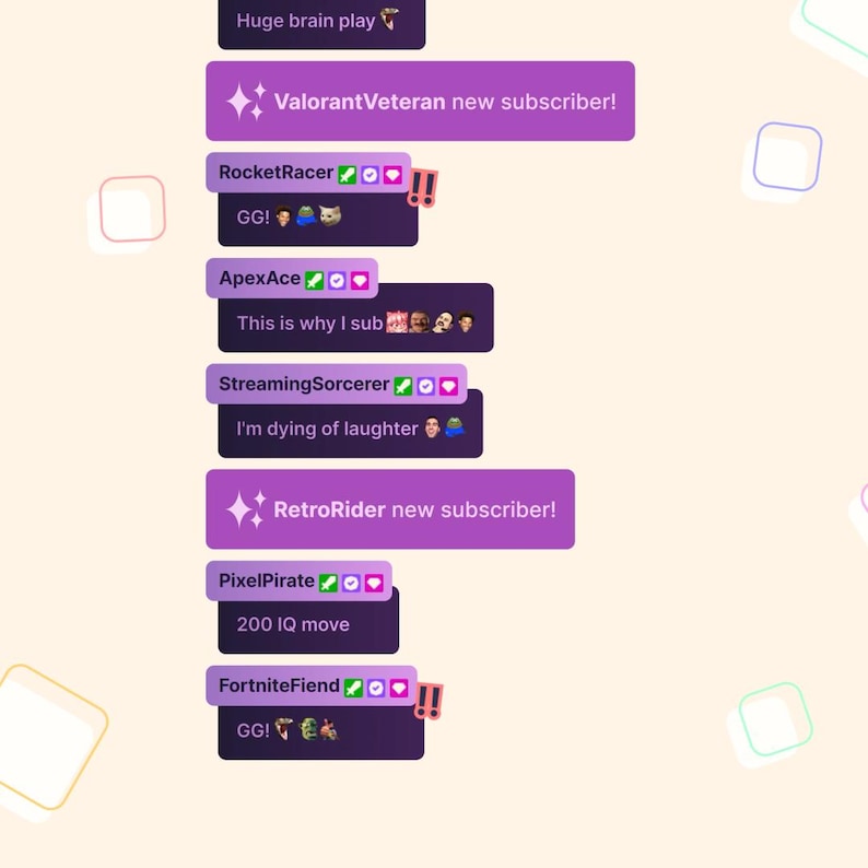 May include: A screenshot of a chat window displaying several messages from different users. The messages are in a purple chat box with a white border. The messages include greetings, game-related comments, and expressions of excitement. The chat window is on a light beige background.