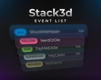Stack3d - Anpassningsbar animerad händelsewidget | Twitch, Kick och YouTube-klar | Streamlabs + StreamElements