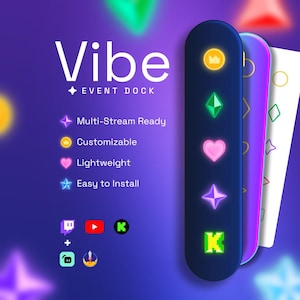 Może przedstawiać: Obraz promocyjny dla "Vibe Event Dock" z eleganckim, ciemnoniebieskim urządzeniem i kolorowymi ikonami. Widoczny jest tekst "Vibe EVENT DOCK". Funkcje obejmują "Multi-Stream Ready" i "Customizable".